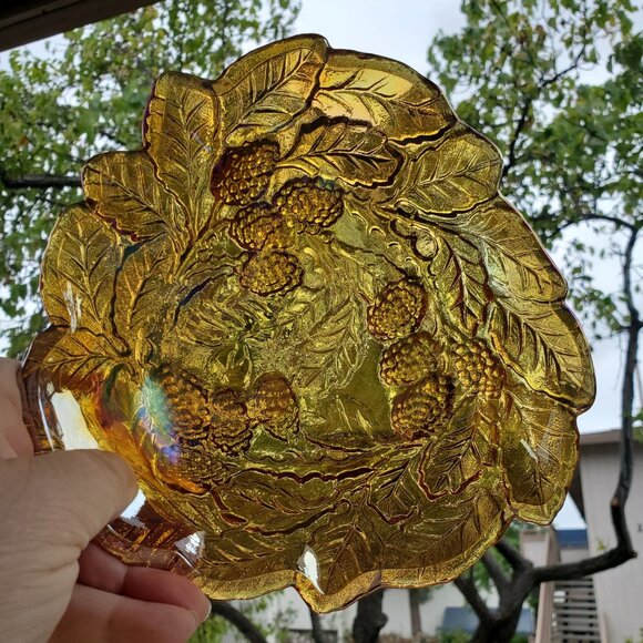 MCM Indiana Glass Loganberry Design Carnival Glass Dish Bowl Amber Iridescent - Picture 2 of 7